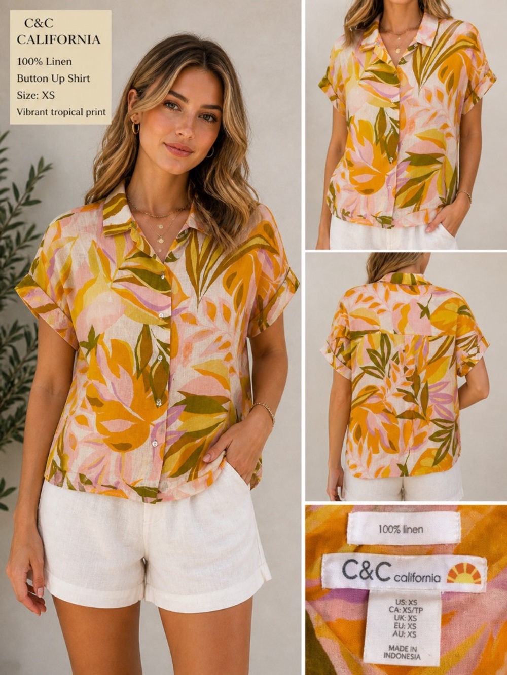 C&C California Pink & Mustard Tropical Linen Button-Up Shirt
